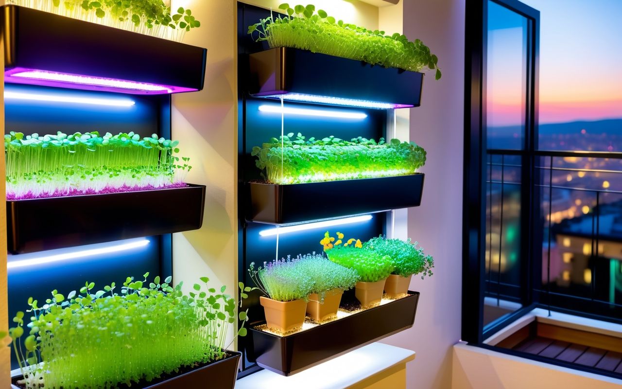 Вертикальные мини-садики на балконе для микрозелени с автоматическим поливом и светодиодным освещением